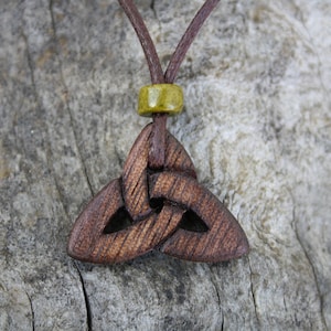 Walnut Trinity Knot Pendant, Hand Carved Triquetra Necklace, Wooden Gift Handmade In Ireland, Celtic Wood Necklace For Men