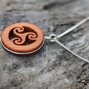 Hand Carved Yew Wood Spiral Triskele Necklace On Sterling Silver, Unique Celtic Pagan Triskelion Pendant, Made In Ireland Jewelry image 3