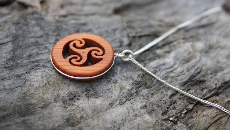 Hand Carved Yew Wood Spiral Triskele Necklace On Sterling Silver, Unique Celtic Pagan Triskelion Pendant, Made In Ireland Jewelry image 3