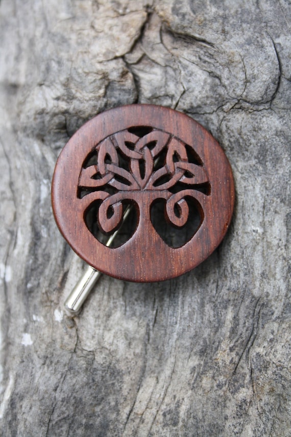 Rosewood Tree of Life Brooch Hand Carved Celtic Tree of Life Pin