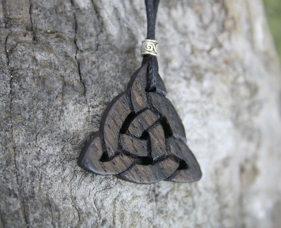 Irish Bog Oak Celtic Necklace: Small Triquetra Pendant Carved On Ancient Irish Bogwood -- U.S Tariffs & Duty Included --