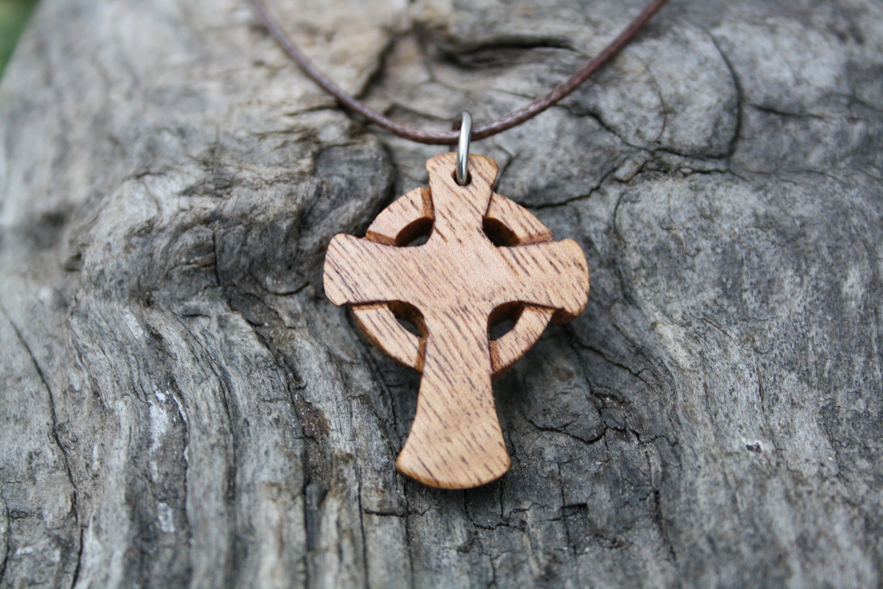 Hand Carved Wooden Celtic Cross Pendant, Irish Chestnut Wood Cross Necklace, Unique Wooden Celtic Jewelry for Men Made in Ireland