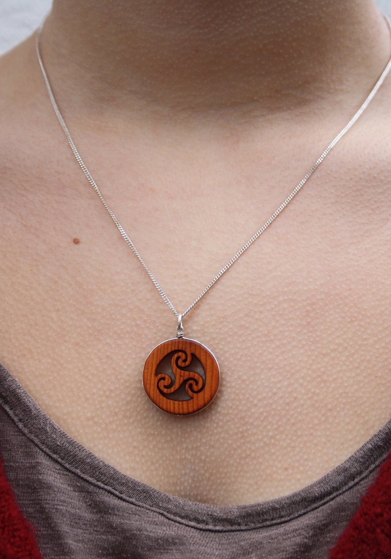 Hand Carved Yew Wood Spiral Triskele Necklace On Sterling Silver, Unique Celtic Pagan Triskelion Pendant, Made In Ireland Jewelry image 1