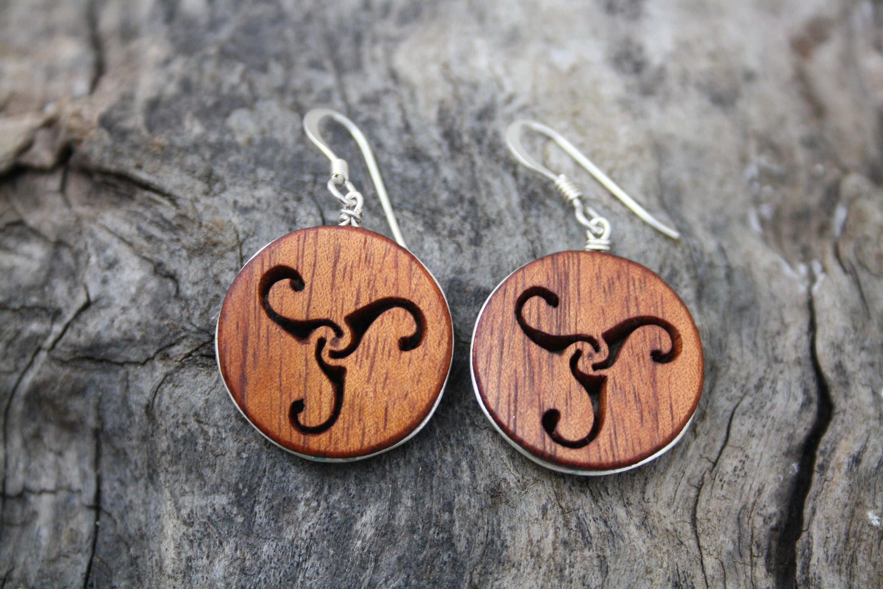 Celtic Wooden Earrings Hand Carved Rosewood Triskele Earrings Etsy
