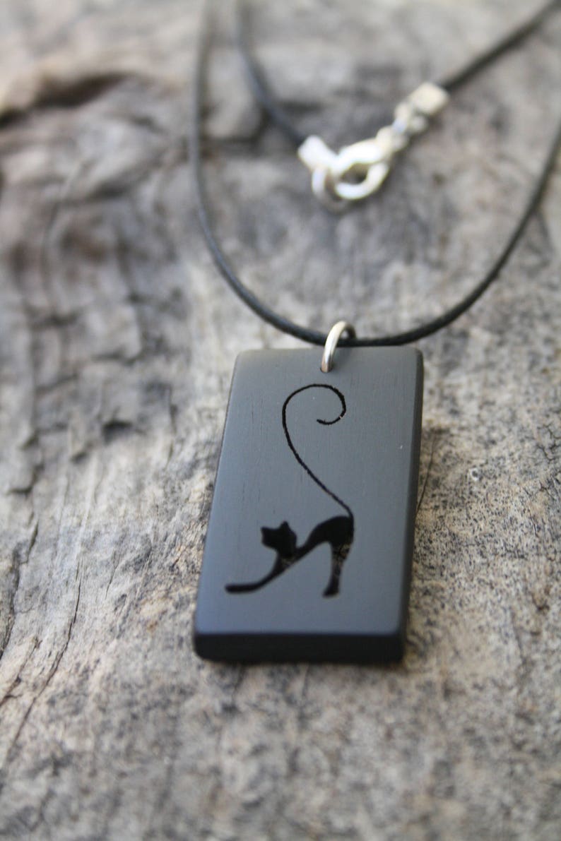 Black Cat Pendant Handcarved Ebony Wood Cat Silhouette Etsy