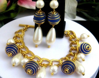 Avon Charm Bracelet, Earrings, Faux Pearl & cobalt blue wire wrapped Beads