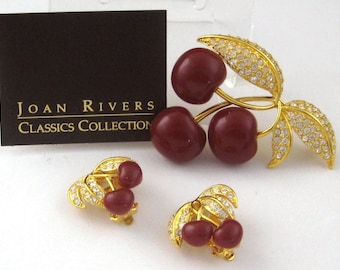 JOAN RIVERS Cherry Brooch & Earrings Set Austrian crystal