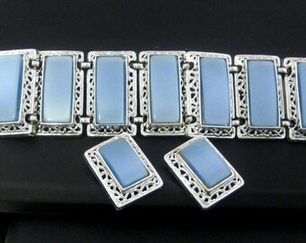 Vintage chunky Bracelet Earrings Set signed PAM  blue thermoplastic silvertone setting Jewelry Gift for Her