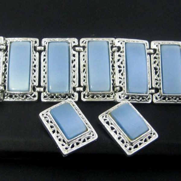 Vintage chunky Bracelet Earrings Set signed PAM  blue thermoplastic silvertone setting Jewelry Gift for Her
