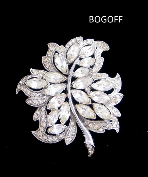 Vintage BOGOFF Rhinestone Leaf Brooch pin Stunning