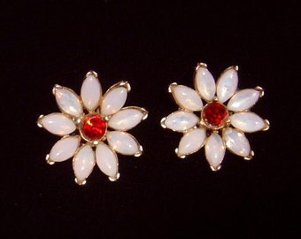 Vintage faux moonstone petal Earrings red rhinestone center jewelry Gift for Her