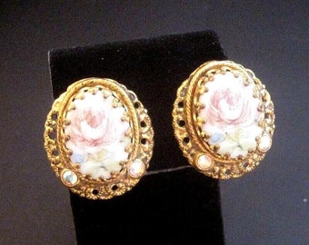 Vintage W Germany clip Earrings floral design hand painted & transfer