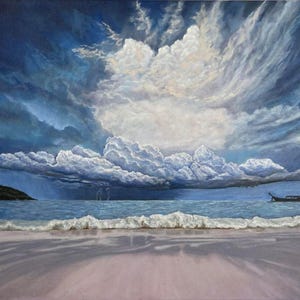 Original oil painting Storm in paradise - Seascape Handmade Wall Art - Blue-white clouds-Waves and beach modern realism-Home Office Decor