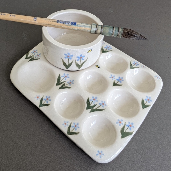 Handmade Ceramic Painter Palette gift Set. Watercolour pallet. Brush Rest, Water cup rinse Pot.