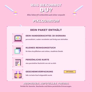 May include: A pink graphic with text in German, including "WAS BEKOMMST DU?" and "PIXLQUARIUM." The image lists contents of a package: a 3D diorama, a cleaning cloth, a personal card, and gift wrapping. Pixelated art decorates the top and bottom.