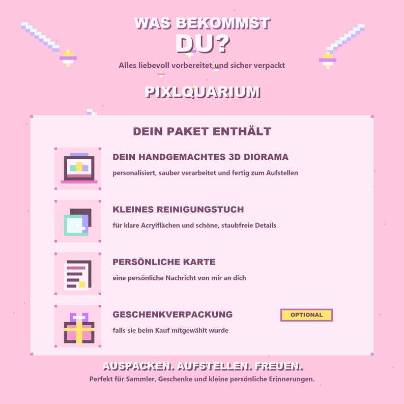 May include: A pink graphic with text in German, including "WAS BEKOMMST DU?" and "PIXLQUARIUM." The image lists contents of a package: a 3D diorama, a cleaning cloth, a personal card, and gift wrapping. Pixelated art decorates the top and bottom.