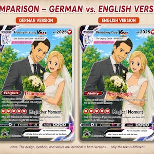 May include: Two custom trading cards featuring an anime-style illustration of a bride and groom. The cards display the text VMAX Wedding Day, HP 2025, The Legacy Castle, Jason & Janet, Ability Power Couple, Magical Moment, and For my beautiful cutiepie.