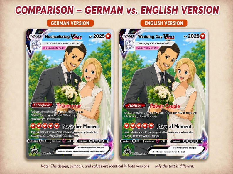 May include: Two custom trading cards featuring an anime-style illustration of a bride and groom. The cards display the text VMAX Wedding Day, HP 2025, The Legacy Castle, Jason & Janet, Ability Power Couple, Magical Moment, and For my beautiful cutiepie.