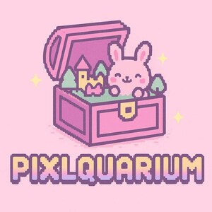 May include: A pixelated illustration of a pink treasure chest with a smiling pink bunny peeking out. Inside the chest is a miniature castle and trees. The text "PIXLAQUARIUM" is below the chest in a pixelated font, all on a pink background.