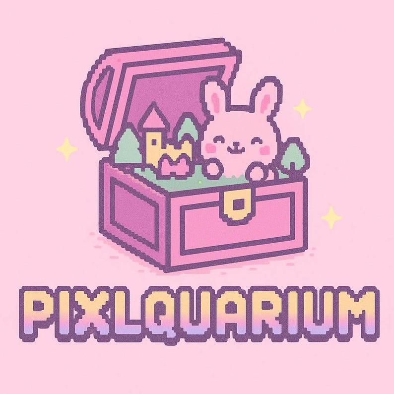 May include: A pixelated illustration of a pink treasure chest with a smiling pink bunny peeking out. Inside the chest is a miniature castle and trees. The text "PIXLAQUARIUM" is below the chest in a pixelated font, all on a pink background.
