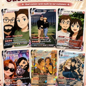 May include: Six custom trading cards featuring anime-style illustrations of couples. Each card displays names, dates, and game-inspired stats like HP 2026, Power Couple ability, and Magical Moment attacks, with text overlays including Customer Creations.