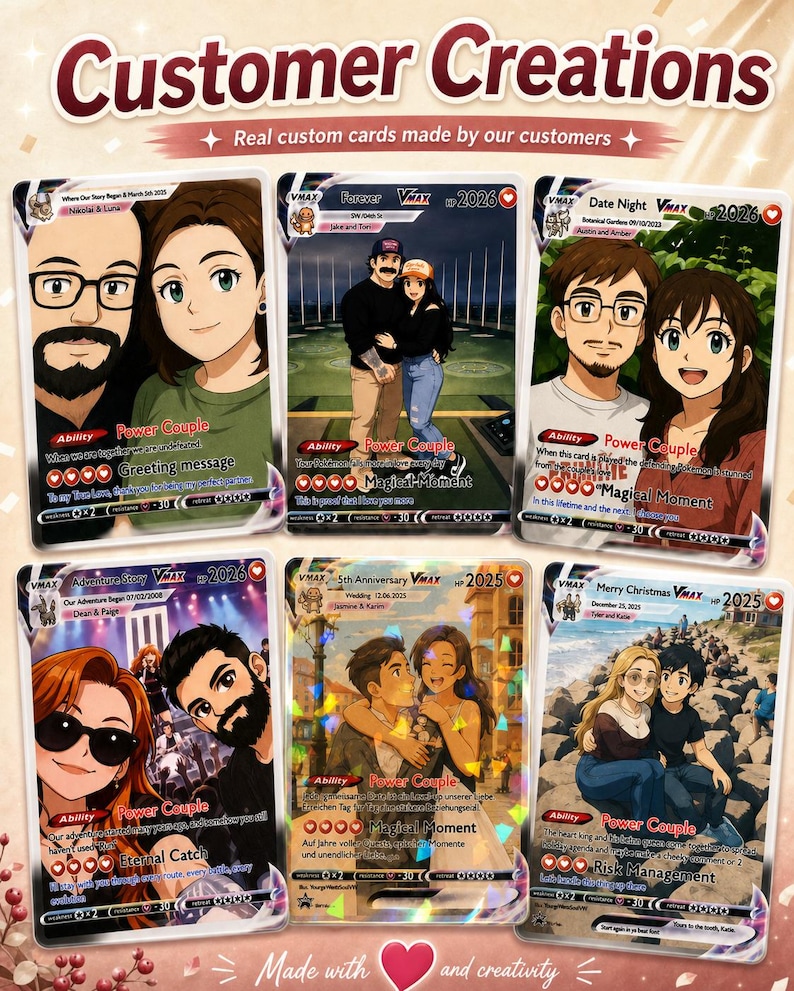 May include: Six custom trading cards featuring anime-style illustrations of couples. Each card displays names, dates, and game-inspired stats like HP 2026, Power Couple ability, and Magical Moment attacks, with text overlays including Customer Creations.
