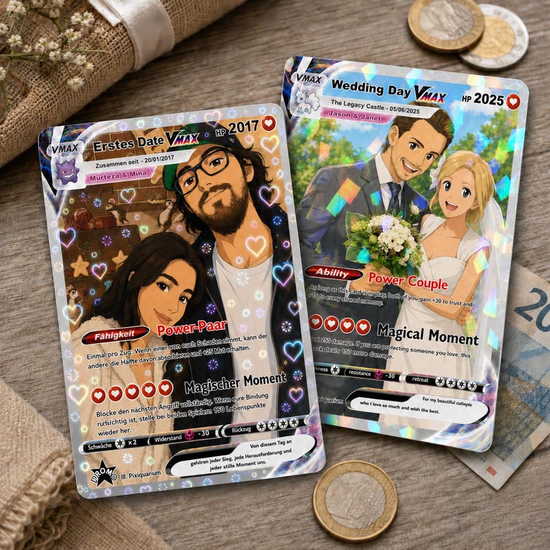 Personalisierte holografische Acryl-Sammelkarte mit einem Paar im Anime-Stil, Namen, Datum und individuellen Texten, zwischen zwei Fingern gehalten.