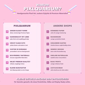May include: A pink infographic with the title "Warum PIXLQUARIUM?" and the subtitle "Handgemachte Pixel-Art, saubere Schnitte & Premium-Materialien." The graphic lists features of PIXLQUARIUM products and compares them to other shops.