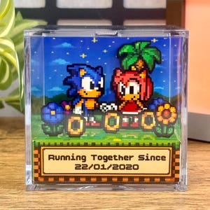 May include: A clear cube diorama showcasing pixel art of Sonic and Amy Rose, set against a blue sky with stars and a palm tree. The base displays "Running Together Since 22/01/2020". The scene is a nostalgic tribute to the classic video game.
