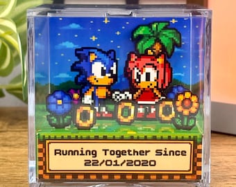 Puede incluir: Diorama pixelado con Sonic y Amy Rose, sobre un cielo azul estrellado y una palmera. La base muestra "Running Together Since 22/01/2020". Todo está encerrado en un cubo transparente, un homenaje al videojuego.