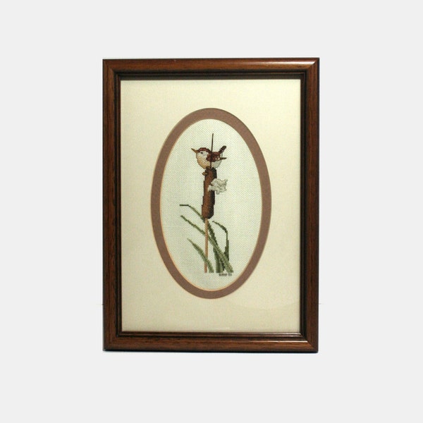 Framed Cross Stitch, Tiny Bird on Cattail, Framed With Glass, Completed Finished, Brown Bird in Nature, Vintage Needlework, 8-1/2 x 11"