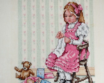 Finished Cross Stitch, Little Girl Sewing, Doll Clothes, Pink Pastels, Completed Needlework, Cross Stitch, Moosemom, Victorial Decor