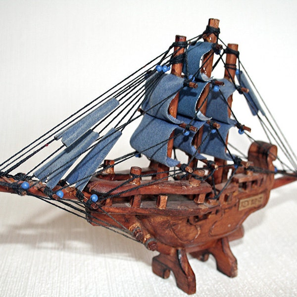 Carved Ship, Sailing Ship, Pirate Ship, Wood Carving, Miniature Ship, Key West, Blue Sails, 11" wide x 6-1/2" high