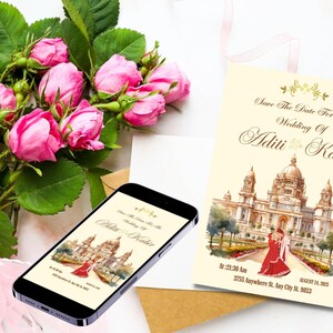 May include: Save the date card for the wedding of Aditi and Kabir. The card features a watercolour illustration of a building with a couple in traditional Indian clothing standing in front of it. The text "Save The Date For The Wedding Of Aditi Kabir" is written in gold script. The date and time of the wedding are listed at the bottom of the card.