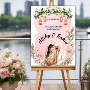 Elegante cartel de bienvenida a la boda india, cartel de bienvenida a la boda hindú, decoración de la boda india, cartel de boda del sur de la India, plantilla digital Canva