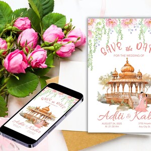 Indiase Save the Date-sjabloon Digitale Hindoe-bruiloft Save the Date Indiase trouwkaarten bewerkbare sjabloon Aangepaste illustraties Canva