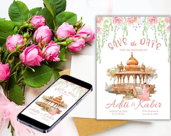 Indian Save the Date Template Digital Hindu Wedding Save the Date Indian Wedding Cards Editable Template Custom Illustrations Canva