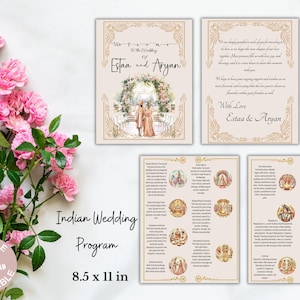 以下が含まれることがあります： 金色のアクセントと花柄のデザインが施された、印刷可能なインドの結婚式プログラムテンプレート。プログラムには、歓迎メッセージ、結婚式セレモニーのスケジュール、カップルからのメッセージが含まれています。テンプレートのサイズは8.5インチ×11インチです。