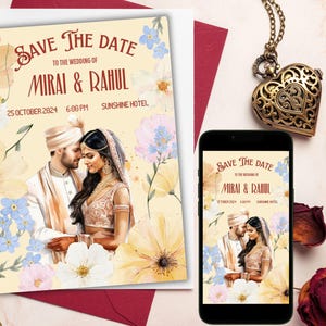 Indiase Save the Date-sjabloon, digitale hindoe-bruiloft, Save the Date, Indiase trouwkaarten, bewerkbare sjabloon, aangepaste illustraties, canvas