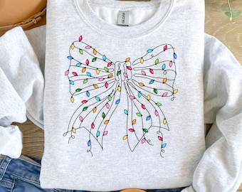 Coquette Bow Christmas Lights Sweatshirt, Girly Holiday Sweater