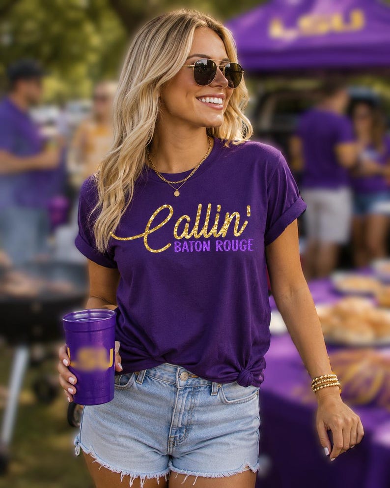 Puede incluir: Una camiseta morada de manga corta con el texto Callin' Baton Rouge en una fuente dorada con purpurina. La camiseta tiene cuello redondo y se combina con pantalones cortos de mezclilla azul claro. Se sostiene un vaso de pl&aacute;stico morado con logo dorado.