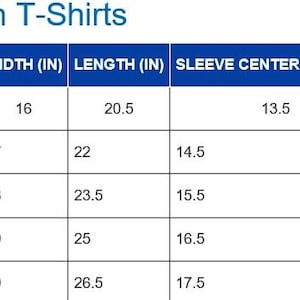 A size chart for adult unisex t-shirts titled Adult Unisex T-Shirts. The table lists sizes from S to 5XL with corresponding measurements in inches for width, length, and sleeve center back, presented in a clear grid format.