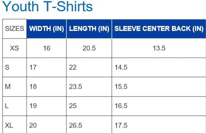 A size chart for adult unisex t-shirts titled Adult Unisex T-Shirts. The table lists sizes from S to 5XL with corresponding measurements in inches for width, length, and sleeve center back, presented in a clear grid format.