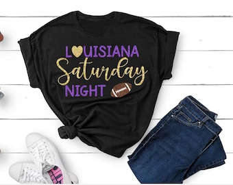 Louisiana Saturday Night Shirt, Purple and Gold Football Fan Tank, Glitter Foil Matte