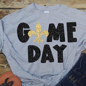 Black and Gold Football Fan Shirt: New Orleans Gameday Tee, Glitter/Foil/Matte