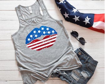 Patriotic American Flag Lips T-Shirt: Stars & Stripes Beauty Top
