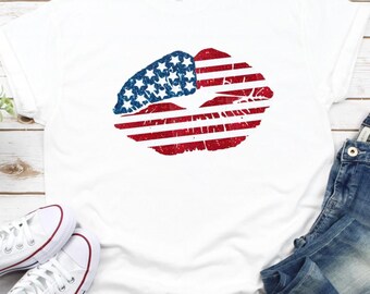 American Flag Patriotic T-Shirt: Red White Blue Stars Stripes, Glitter Foil Matte Lips 4th