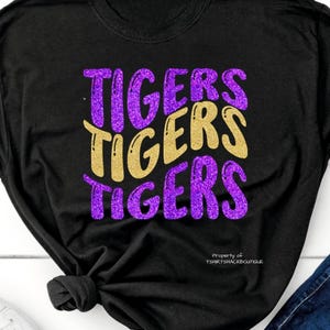 Louisiana Tigers Fan T-Shirt, Purple Gold Retro Graphic, Glitter Foil Matte Tank