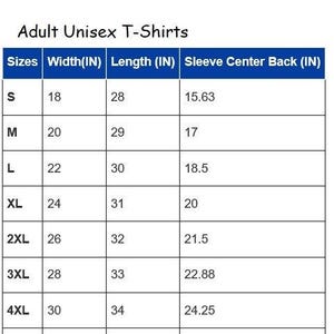 A size chart for adult unisex t-shirts titled Adult Unisex T-Shirts. The table lists sizes from S to 5XL with corresponding measurements in inches for width, length, and sleeve center back, presented in a clear grid format.