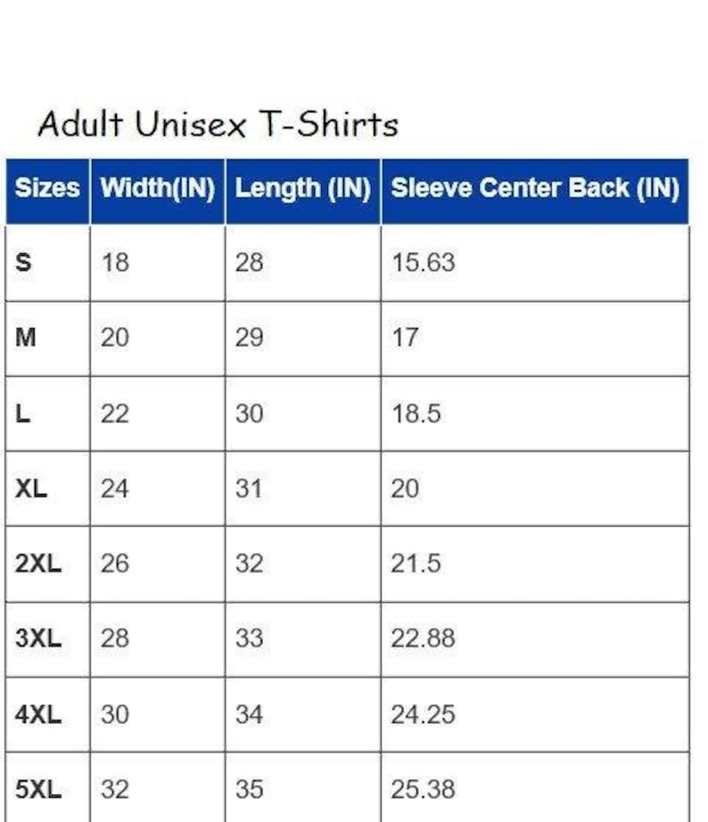 A size chart for adult unisex t-shirts titled Adult Unisex T-Shirts. The table lists sizes from S to 5XL with corresponding measurements in inches for width, length, and sleeve center back, presented in a clear grid format.